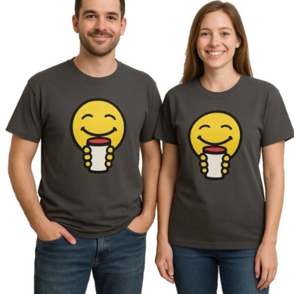 Smiley Face Coffee Cup T-Shirt Men's XL Dark Gray W/Yellow Graphics 100% Cotton - Picture 1 of 4